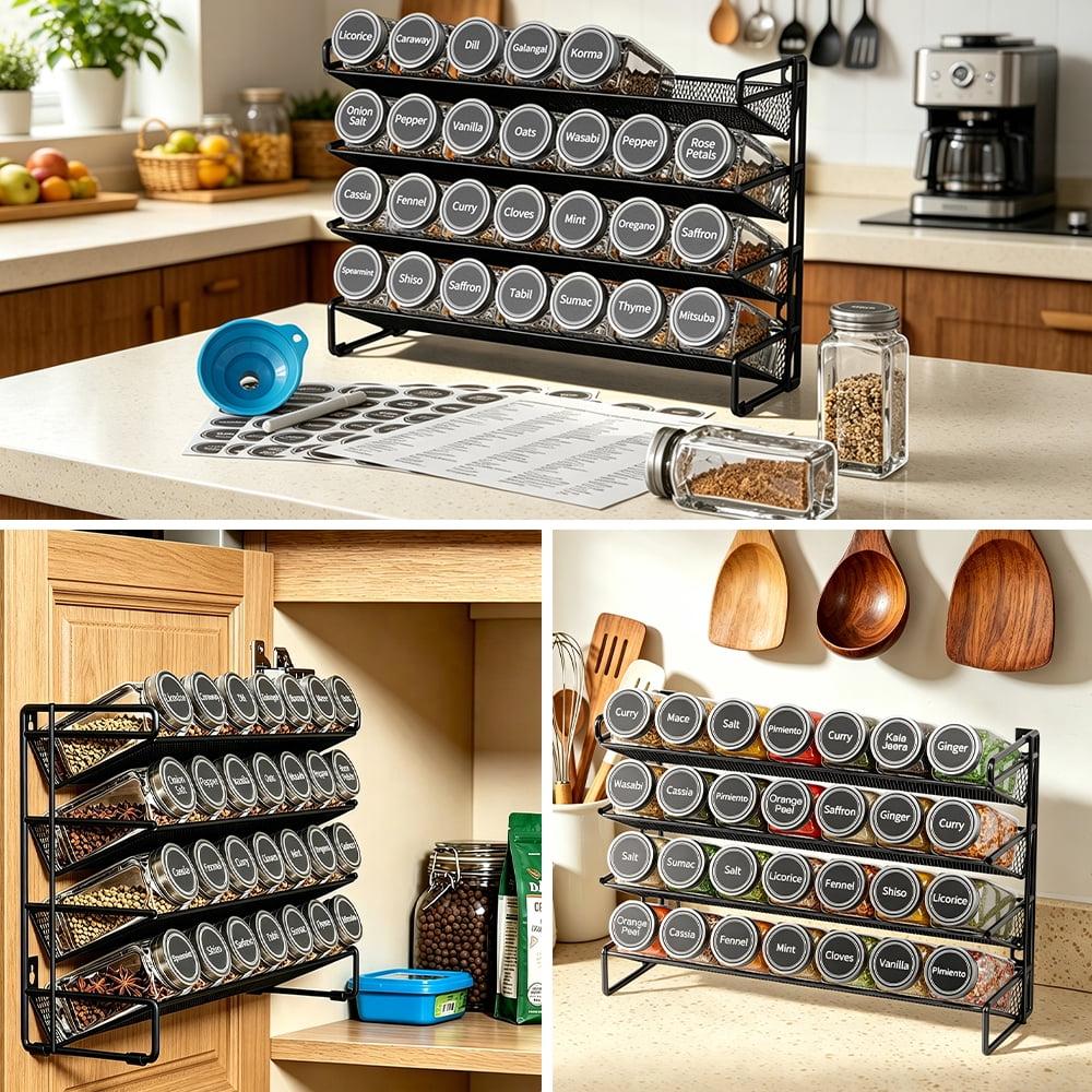 PLUMEBAY Spice Rack Organizer with 28 Jars, Black – Countertop or Wall Mount