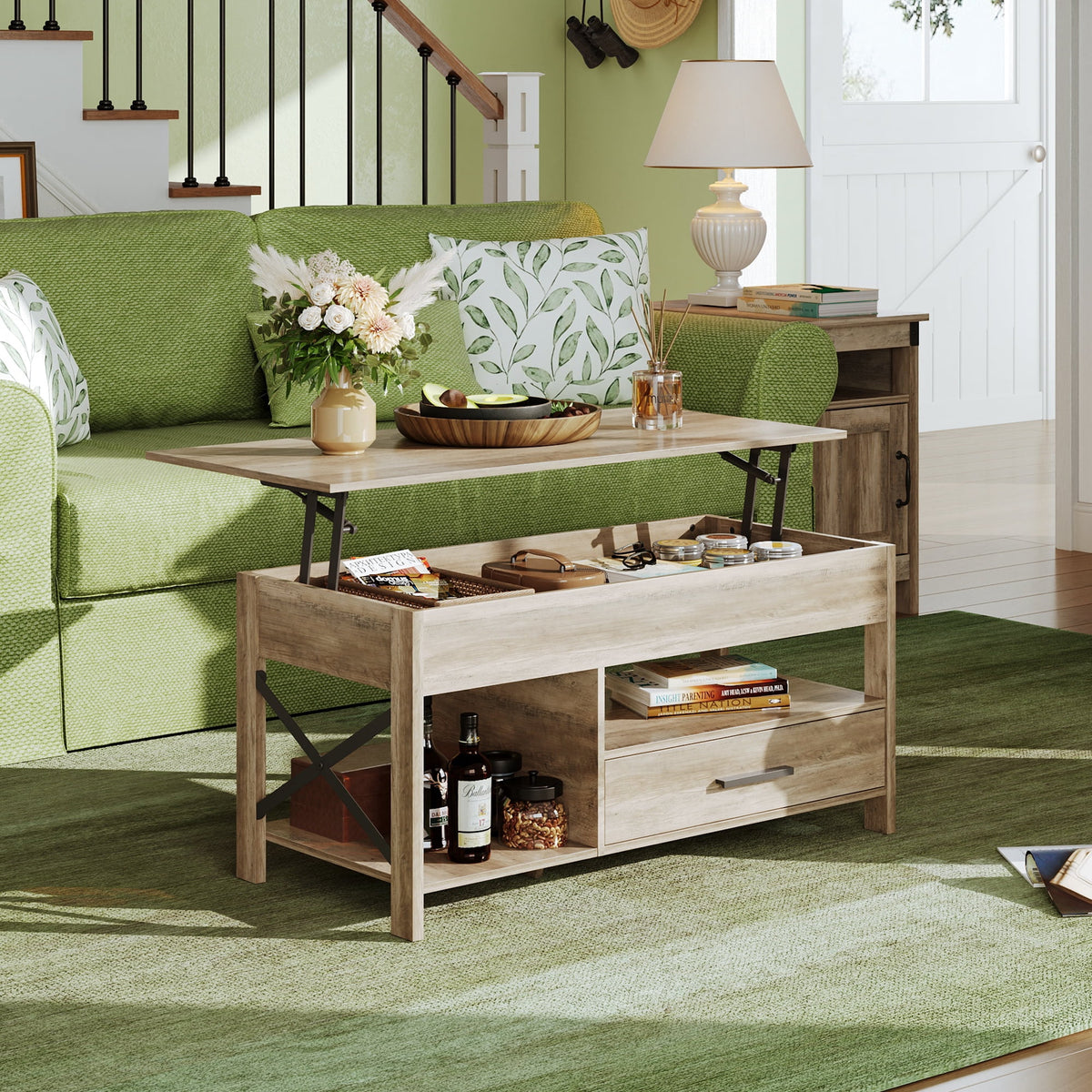 GALAXHERO Coffee Table, 39" Lift Top Coffee Table with Hidden Compartment, Storage Drawers and Storage Shelf for Living Room, Reception Room Greige
