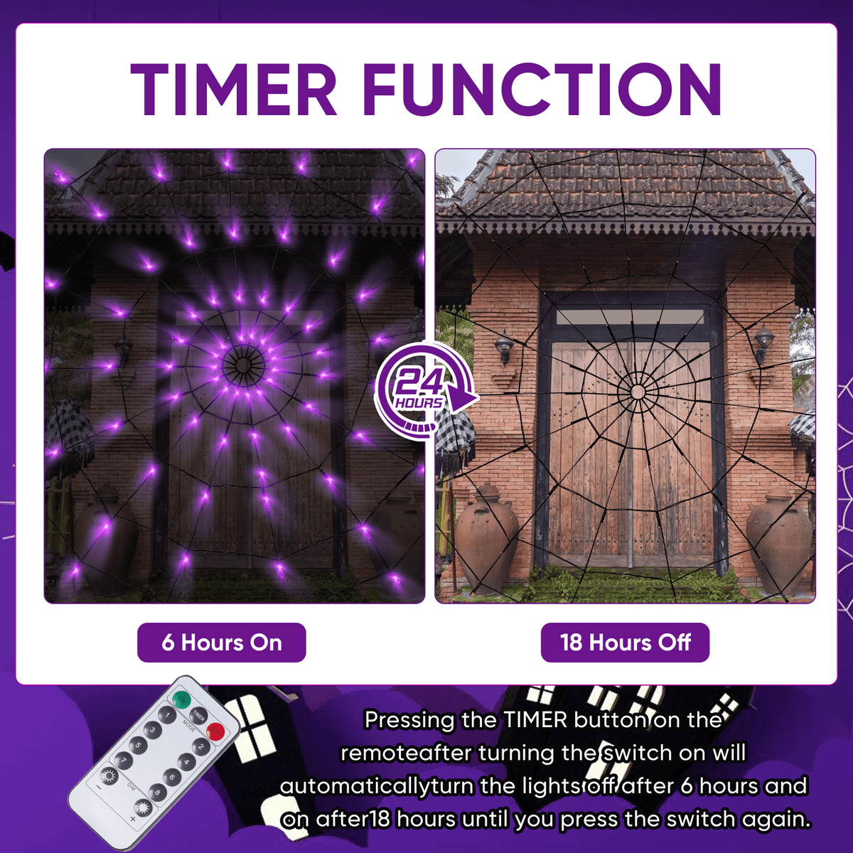 Halloween Decorations Spider Web Lights, 4FT Diameter 70 LED with Black Spider, Waterproof Net Lights, Remote Control