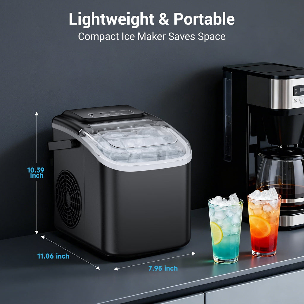 Snowyermine Countertop Ice Maker with Handle, 26 lbs/24H Portable Ice Machine, 2 Bullet Ice Sizes, 8 Cubes in 6 Minutes, Self-Cleaning for Home, Bar