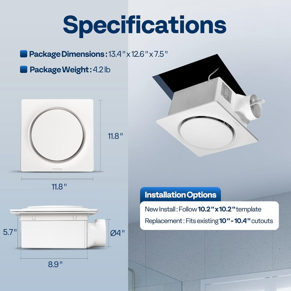 SPECSTAR AutoFlow Bathroom Exhaust Fan with Humidity Sensor 110CFM - Energy-Saving EC Motor,10.2-inch Ceiling Retrofit Bath Fan, No Attic Access