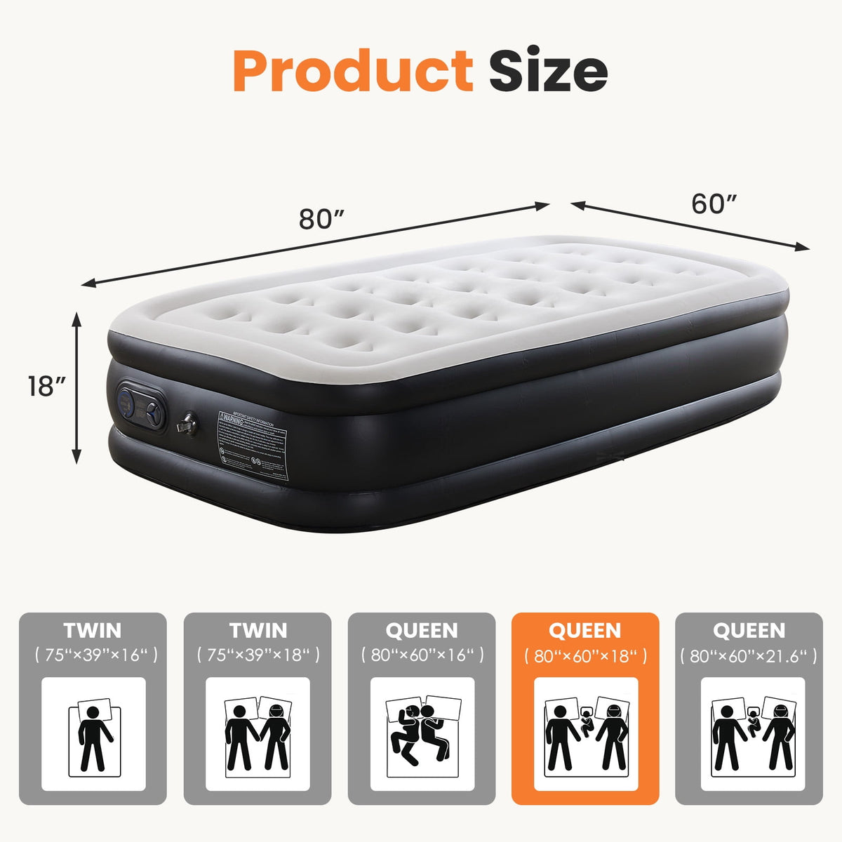 CONCETTA Queen Size 18" Air Mattress, Inflatable Bed with Built-in Pump, Quick Setup & Comfortable Support for Home and Travel