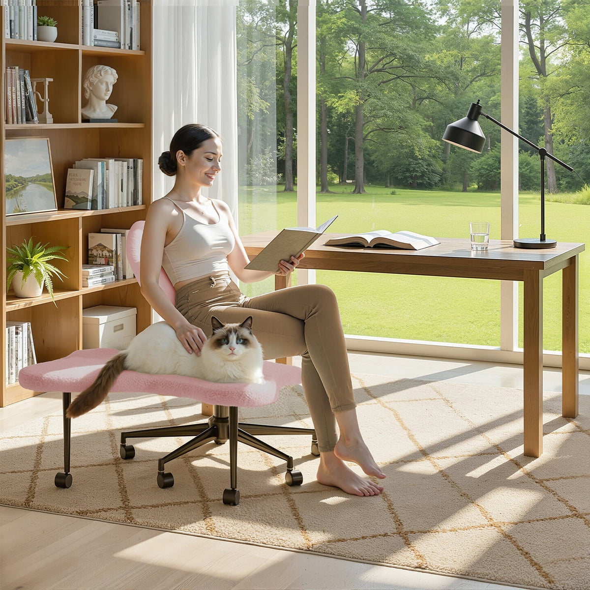 Pinmoco Ergonomic Cross-Legged Swivel Chair, Adjustable Height, Teddy Fabric, Off White