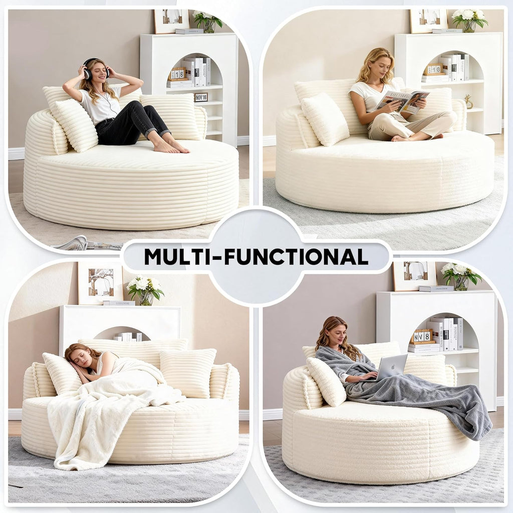 Oversized Round Chaise Lounge Chair, 53.5in x 53.5in, Corduroy, Beige White