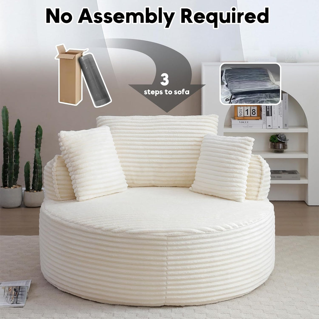 Oversized Round Chaise Lounge Chair, 53.5in x 53.5in, Corduroy, Beige White
