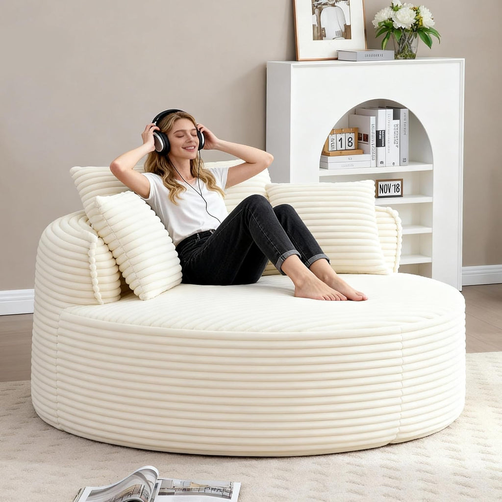 Oversized Round Chaise Lounge Chair, 53.5in x 53.5in, Corduroy, Beige White