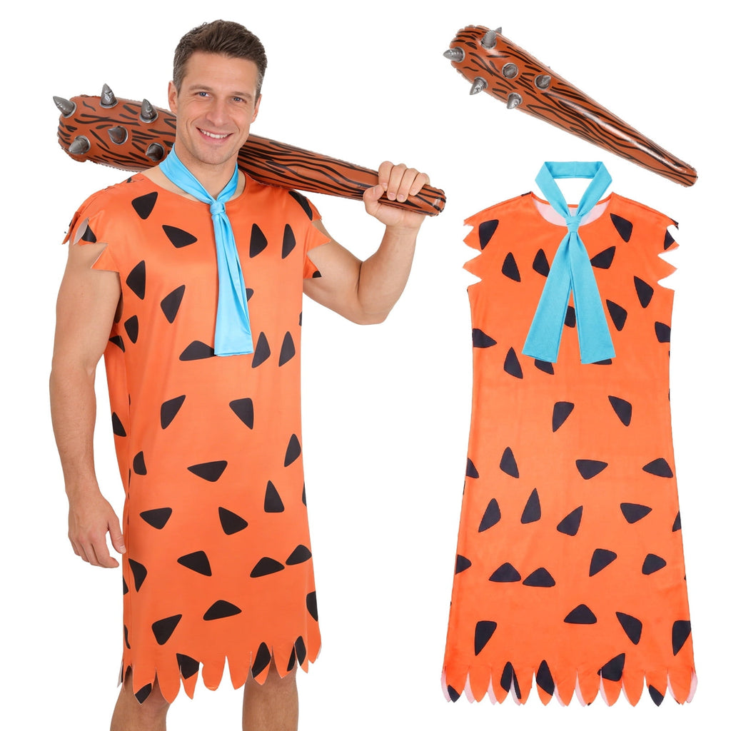Halloween Men's Costume Adult Caveman Cartoon Style Outfit, Orange & Brown for Cosplay Family Parties