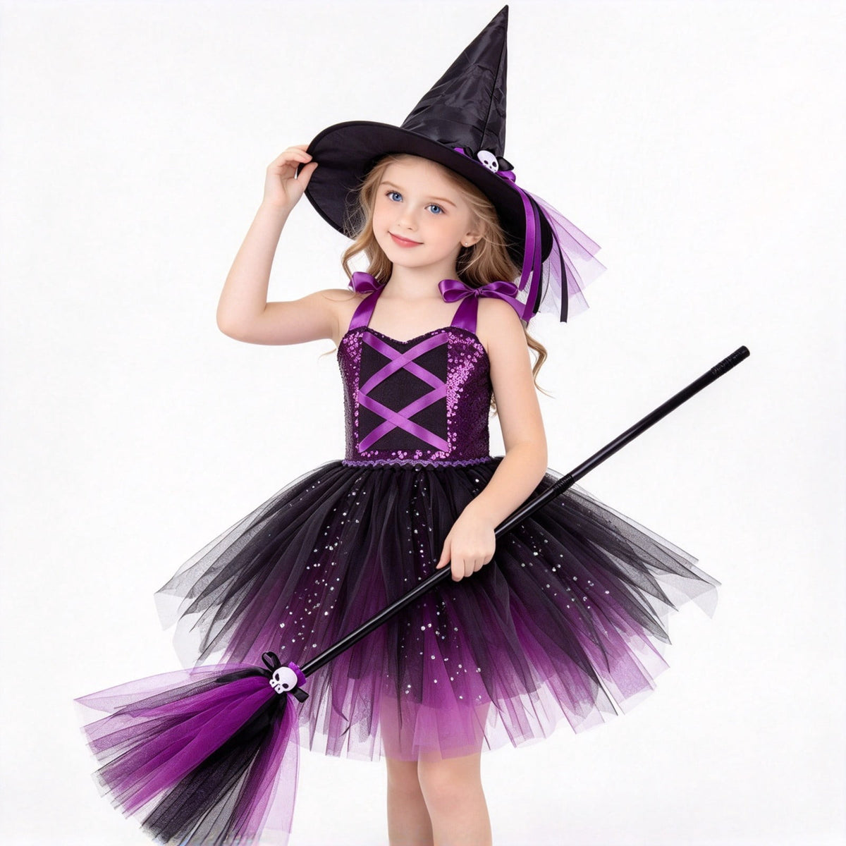 MEZZALL Child Outfit Sets Girls Witch 4 Light Up Star Witch Dress With Hat Wand Kids Halloween Party Outfit For Party Clothes Sets