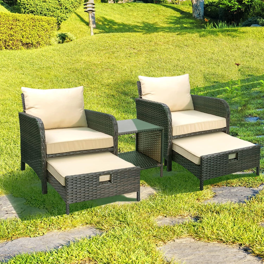 LEVELEVE 5 Piece Patio Conversation Set With PE Wicker Rattan, Cushions, 2 Ottomans And Glass Table
