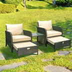 LEVELEVE 5 Piece Patio Conversation Set With PE Wicker Rattan, Cushions, 2 Ottomans And Glass Table