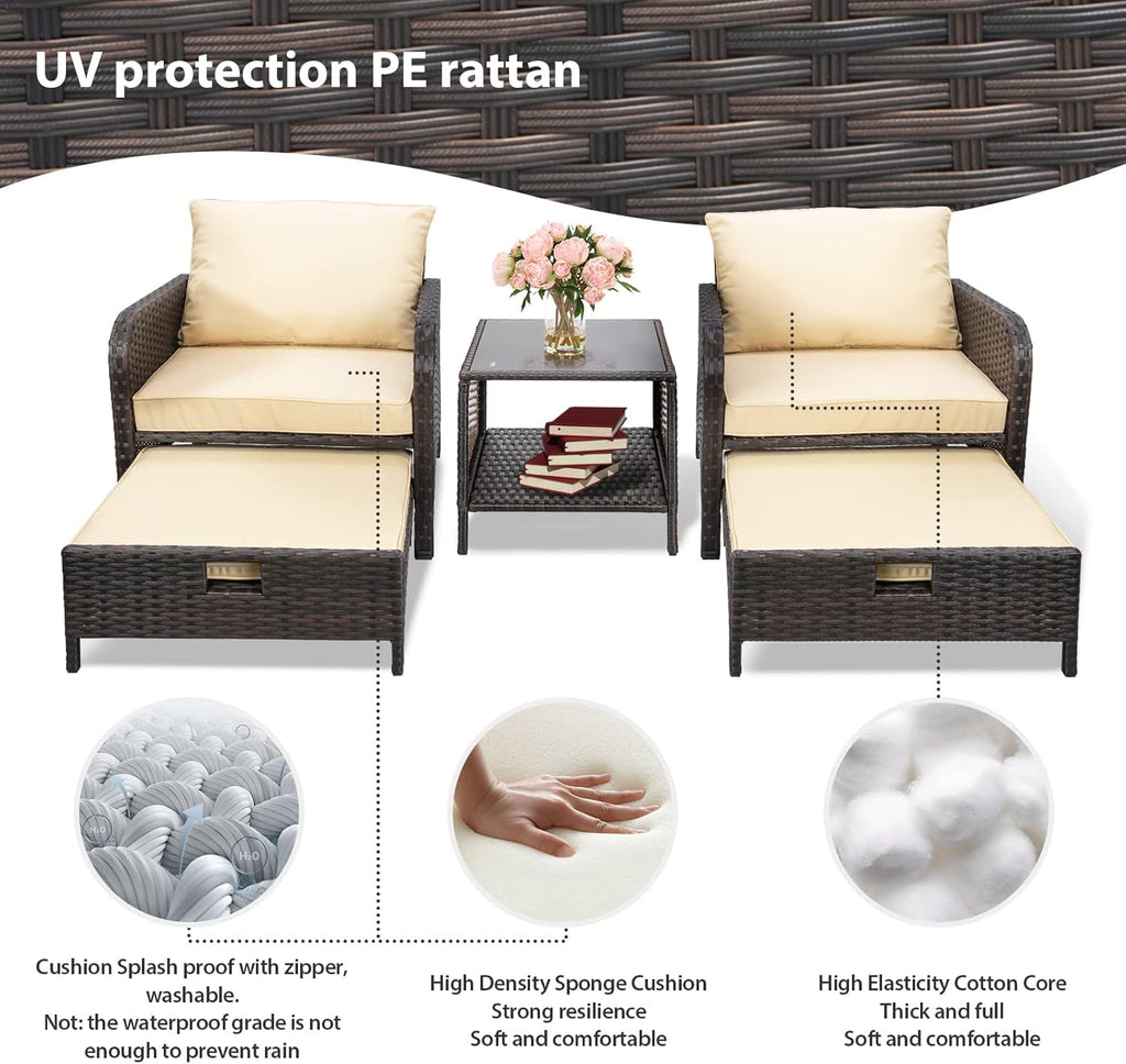LEVELEVE 5 Piece Patio Conversation Set With PE Wicker Rattan, Cushions, 2 Ottomans And Glass Table