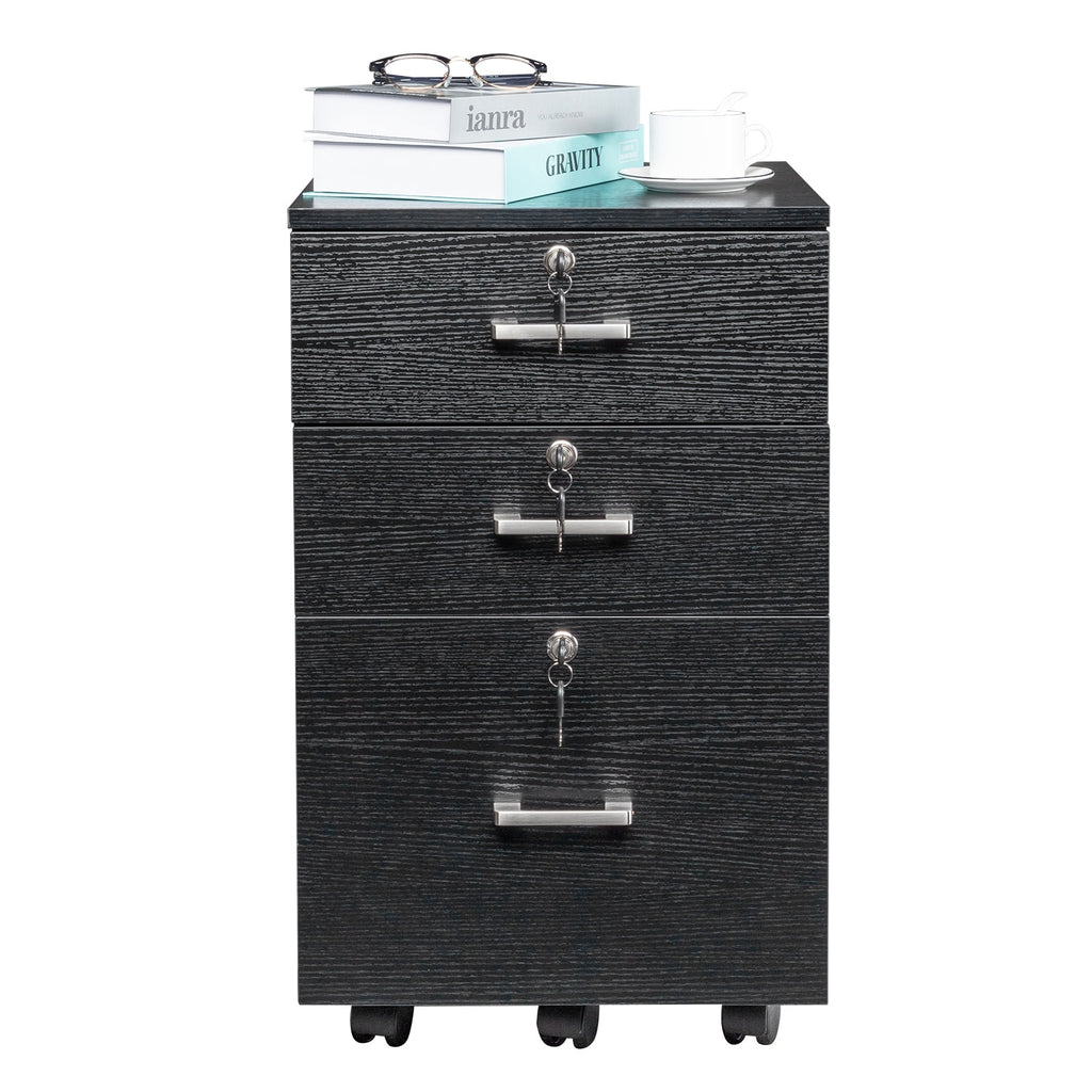 Ktaxon 3-Drawer Rolling Wood File Cabinet with Lock, Portable Vertical Mobile Wooden Storage Filing Cabinet for Home Office,Black