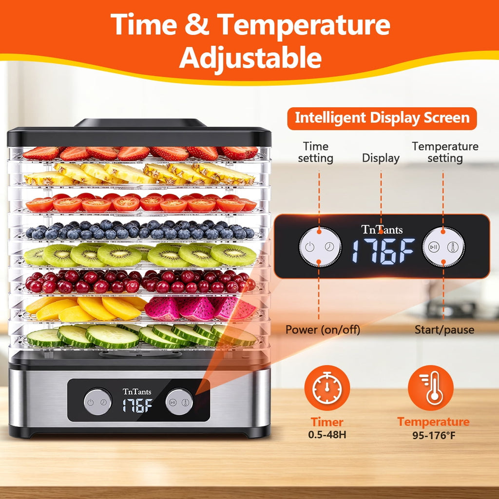 TNTANTS Food Dehydrator, 8 Trays Electric Dehydrator with Adjustable 48H Timer & 95-176℉ Temperature Control, Dehydrator for Food and Jerky, Fruits