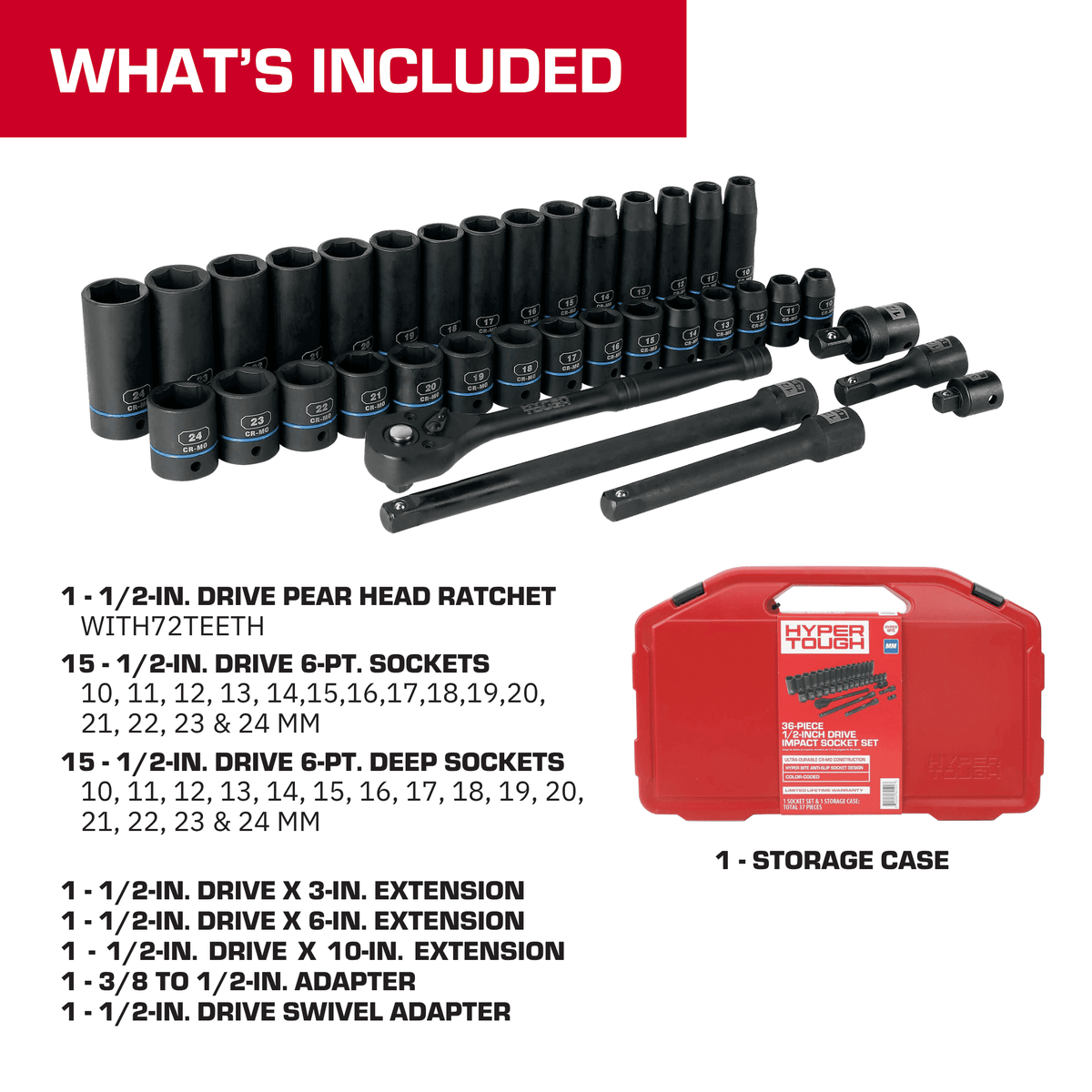 Hyper Tough 36-Piece 1/2-inch Drive Metric CRMO Impact Socket Set (mm)