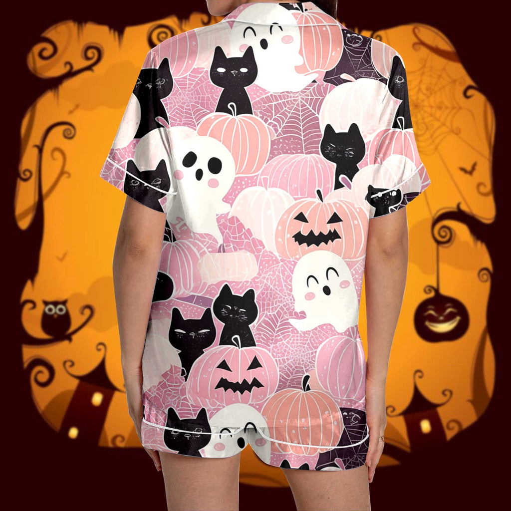 Hpapadks Halloween Pajamas Women Silk Graphic Button Down Short Sleeve Shirts and Shorts 2 Piece Sleepwear Women Pjs Sets Light Pink