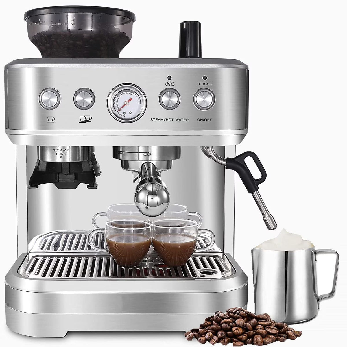 Entcook Espresso Machine With Grinder And Milk Frother, 15 Bar 2.5 L