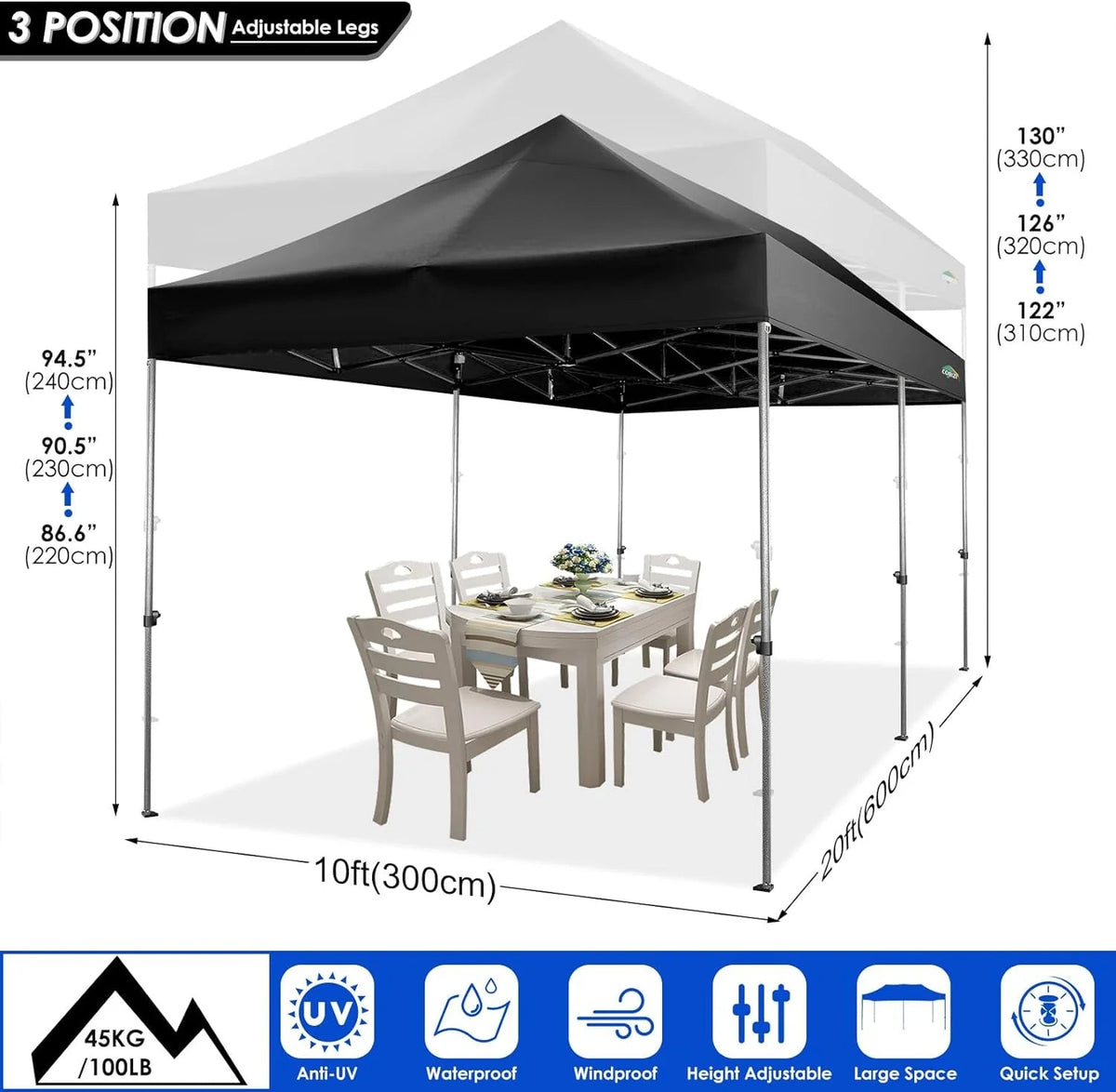 COBIZI 10x20 Heavy Duty Pop-Up Canopy Tent With 6 Sidewalls - Black