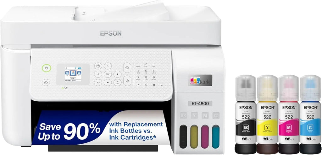 Epson EcoTank ET-4800 Wireless All-in-One Inkjet Printer, Scanner, Copier, Fax, ADF, Ethernet, White - C11CJ65201