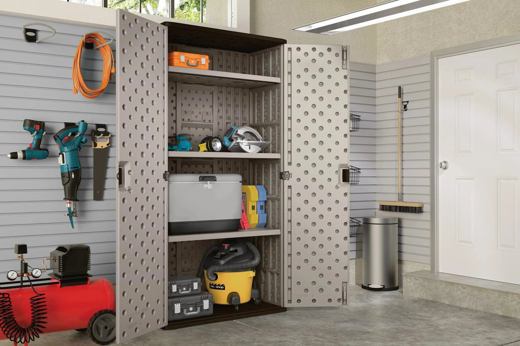 Suncast Mega Tall Resin Outdoor Storage Cabinet With 3 Shelves, Platinum Metallic