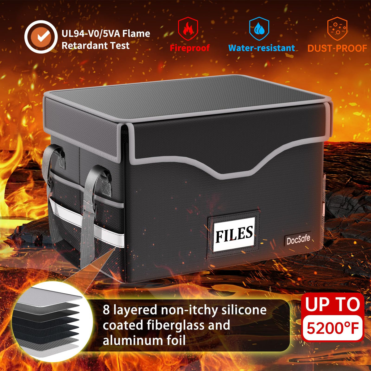 DocSafe 5200°F Fireproof Document Box with Lock,Heat Insulated File Organizer Storage with Pockets,Collapsible Portable Home Office File Safe Box