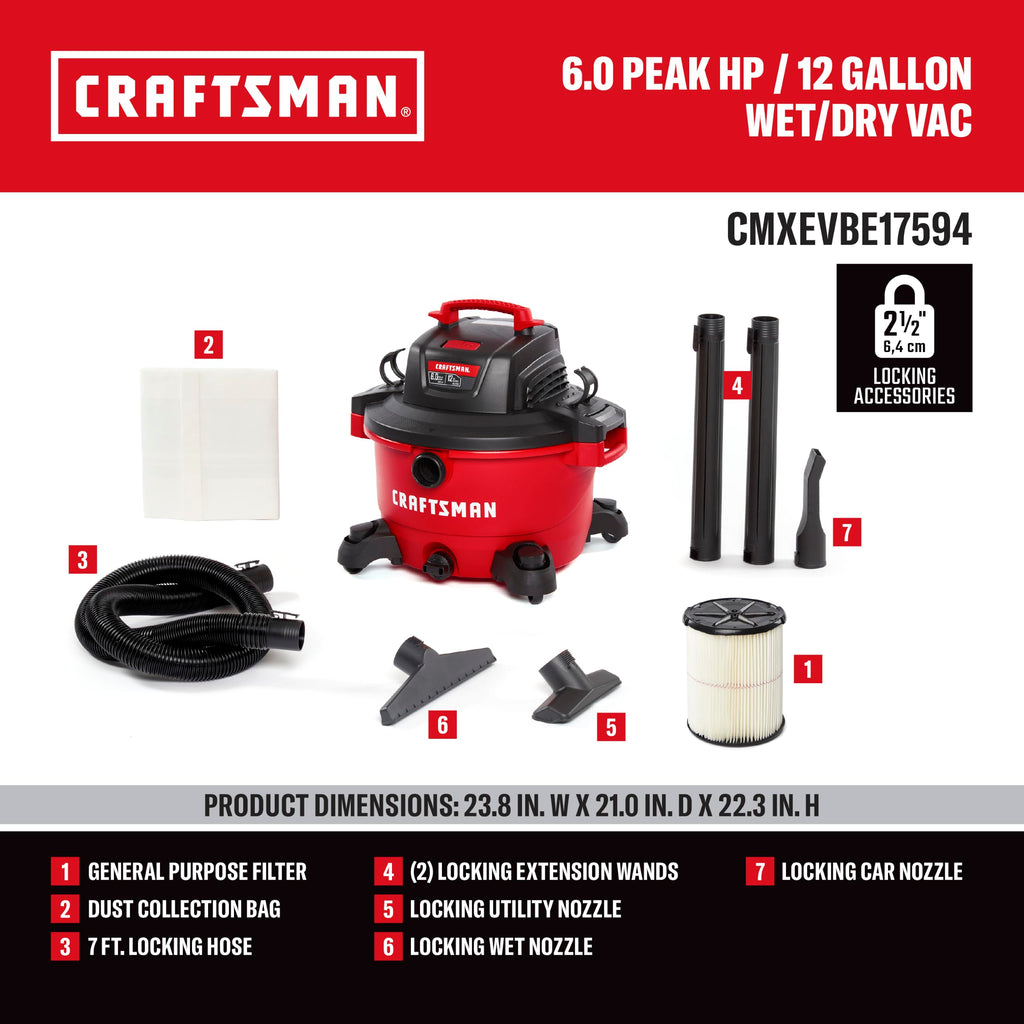 CRAFTSMAN CMXEVBE17594 12 Gallon 6.0 Peak HP Wet Dry Shop Vacuum