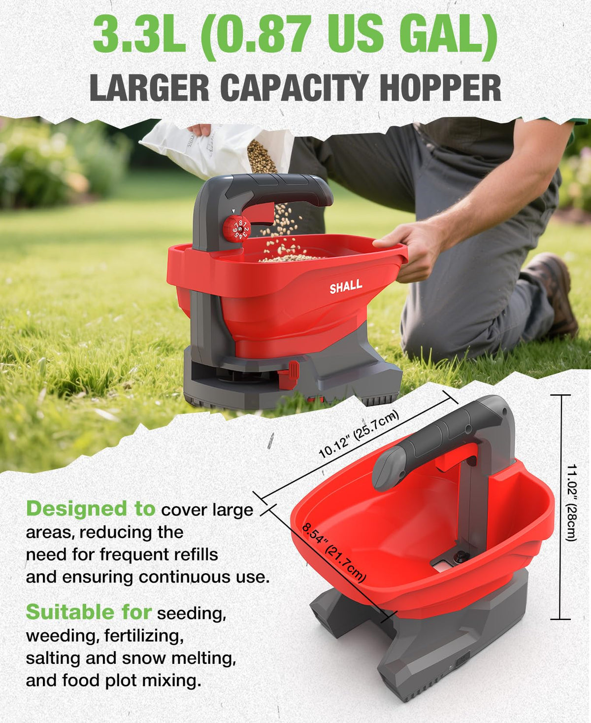 SHALL Battery Powered Fertilizer Spreader, 7.2V Rechargeable Seed Spreader for Salt, De-Icer, Earth Food, Grass Seed, 8-Level Settings and 3.3L Large