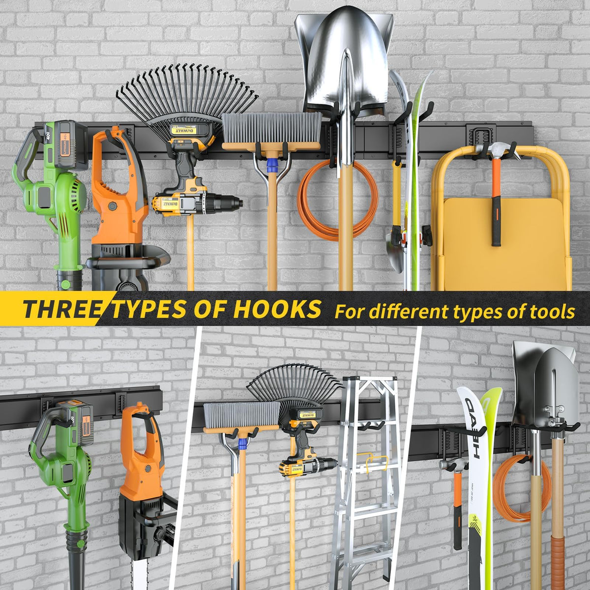 48" Garage Tool Organizer Wall Mount, 440lbs Garden Garage Storage Garage Organization with Adjustable Heavy Duty Hanging Hooks, Yard Rack Hanger