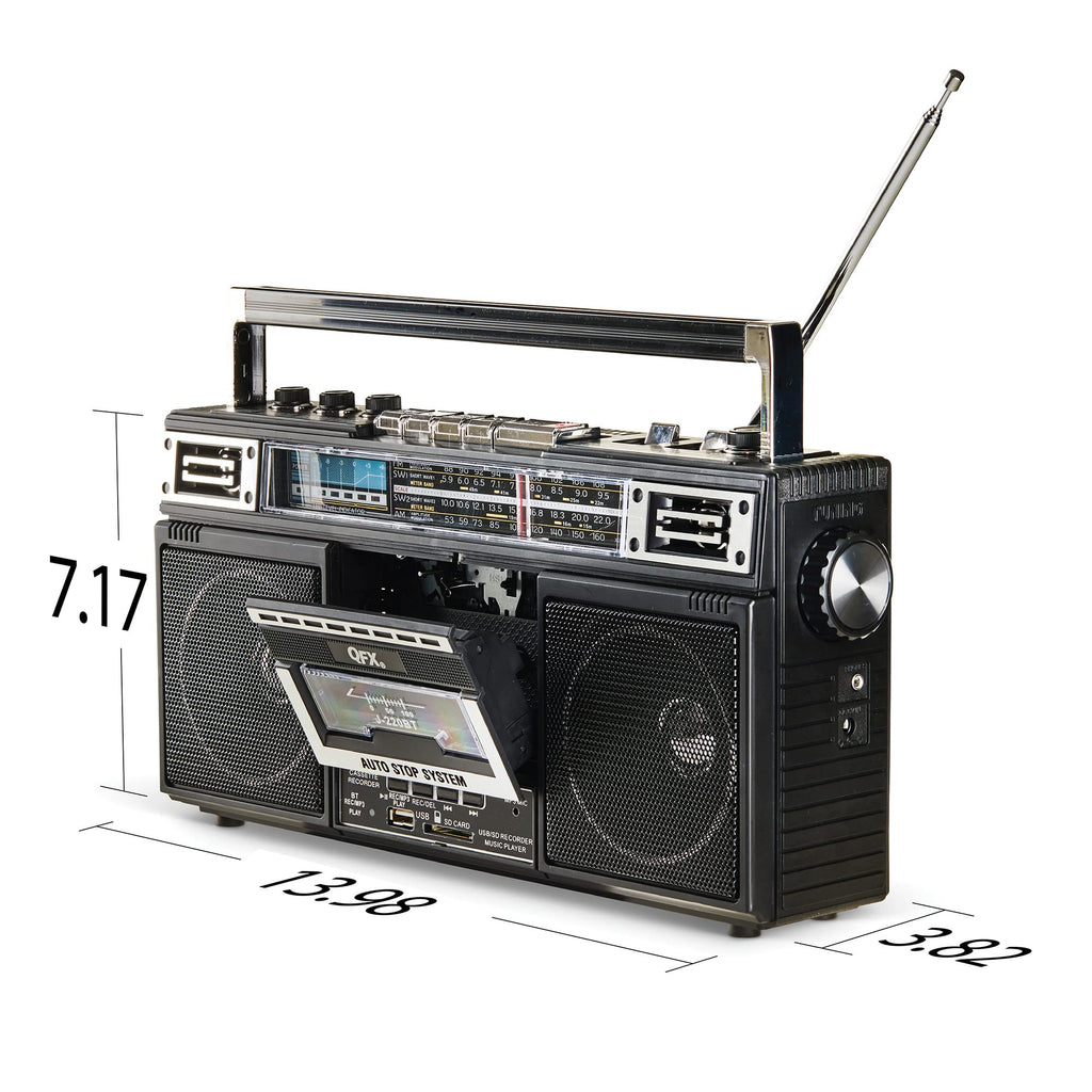 QFX Retro Bluetooth Boombox Cassette Tape Player Recorder, J-220BT, Black