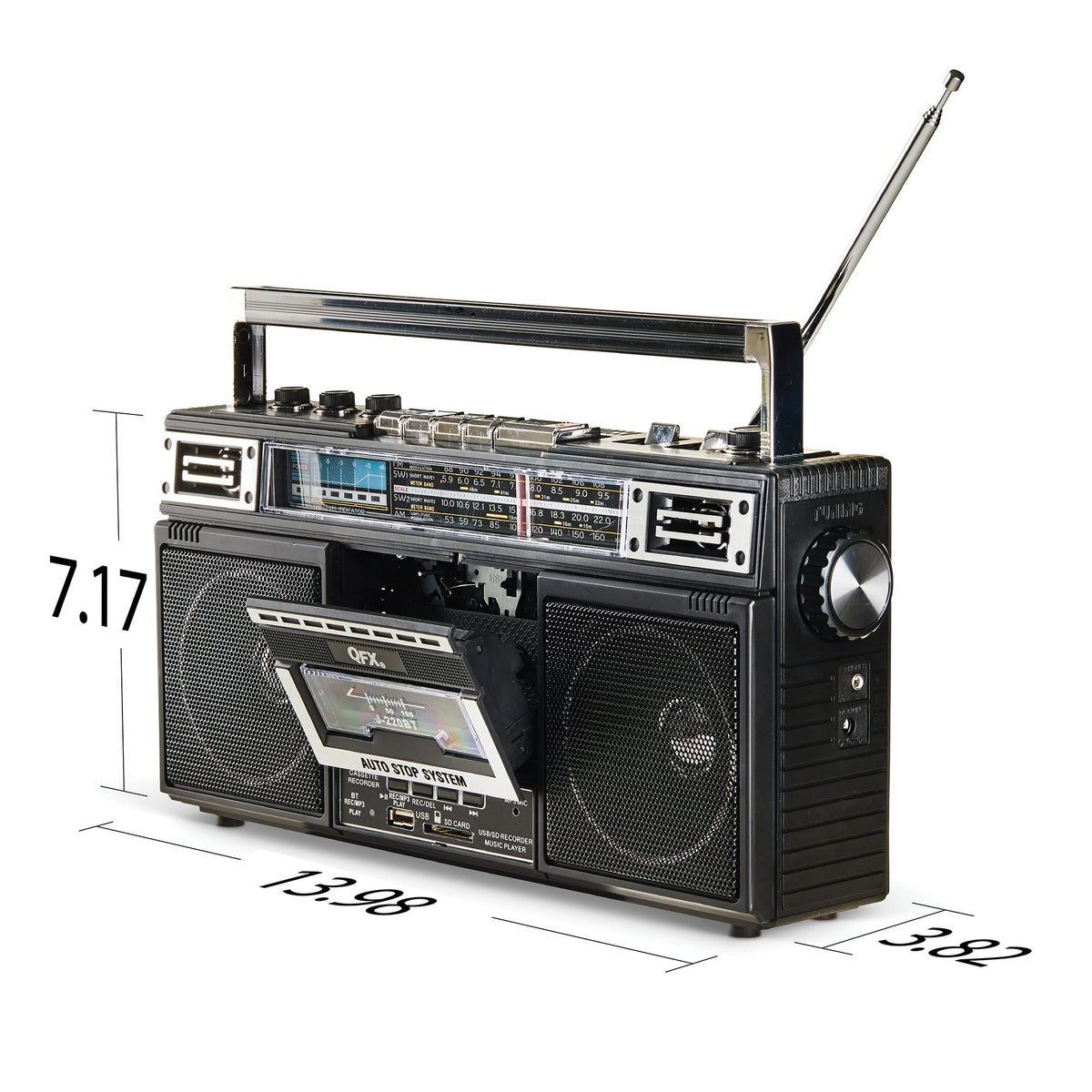 QFX Retro Bluetooth Boombox Cassette Tape Player Recorder, J-220BT, Black