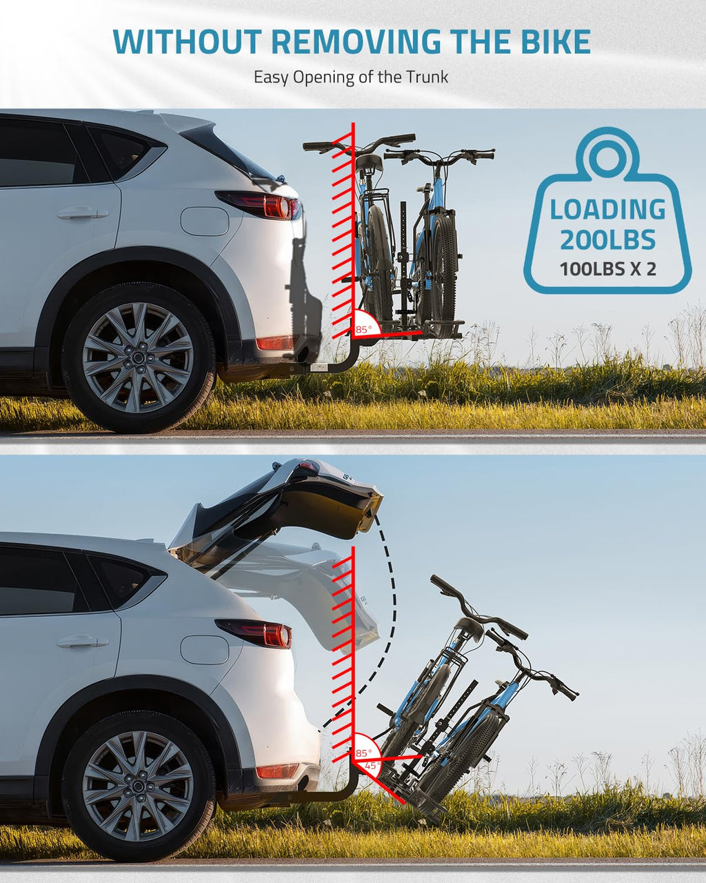 PAULINN Ebike Rack for Tow Hitch, Heavy Duty 2 Bike Folding Bicycle Car SUV Racks for E Bike,Fat Tire and Standard, 2" Hitch Receiver, 200 LBS