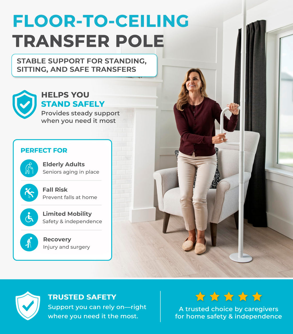 Stander Single Handle Non-Rotating Floor to Ceiling Grab Bar, No-Drill Tension Mounted Transfer Pole for Seniors, Bath Safety & Bedside Assist Rail