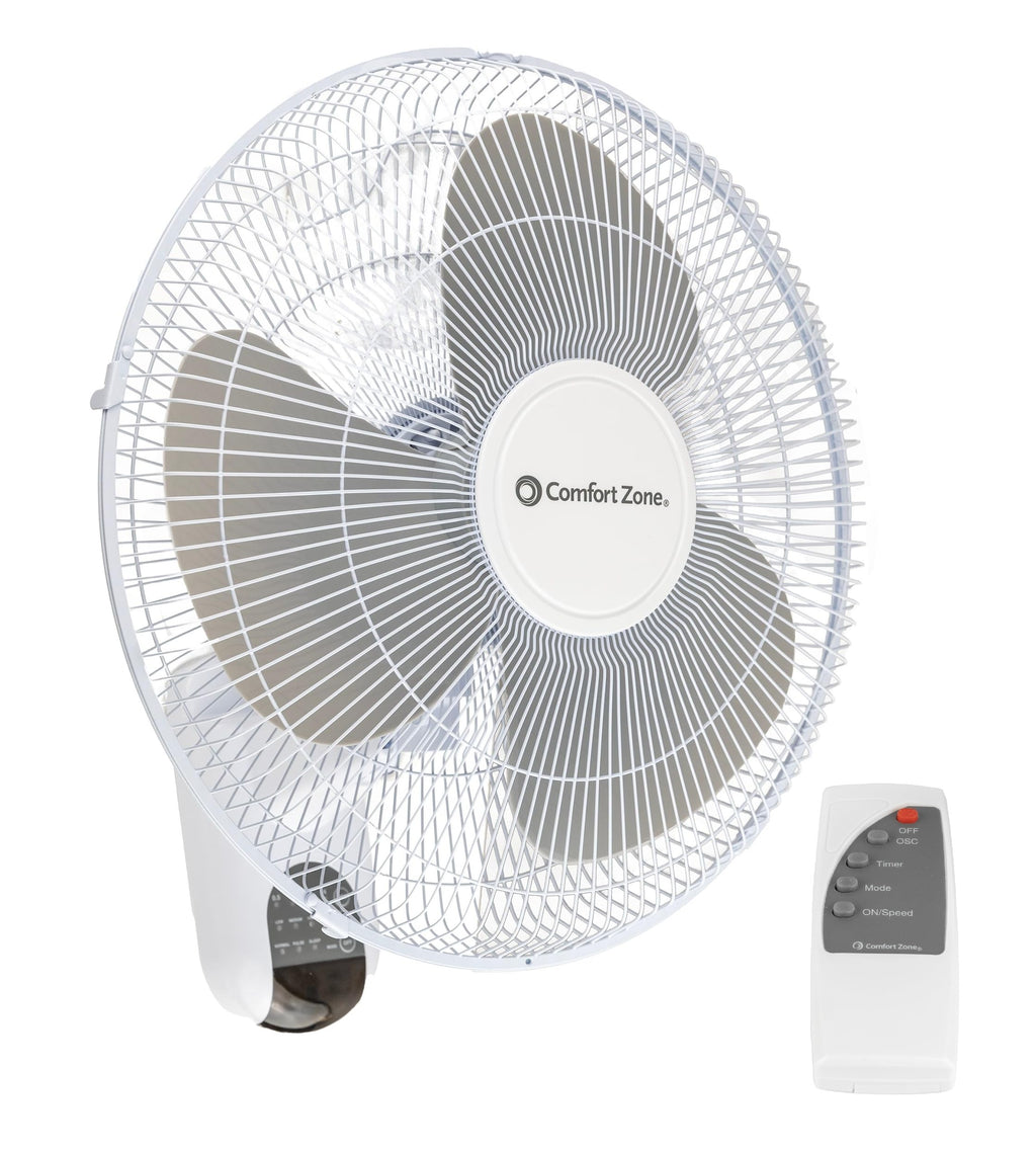 COMFORT ZONE 16" Oscillating Wall Mount Fan with Remote & Timer - White