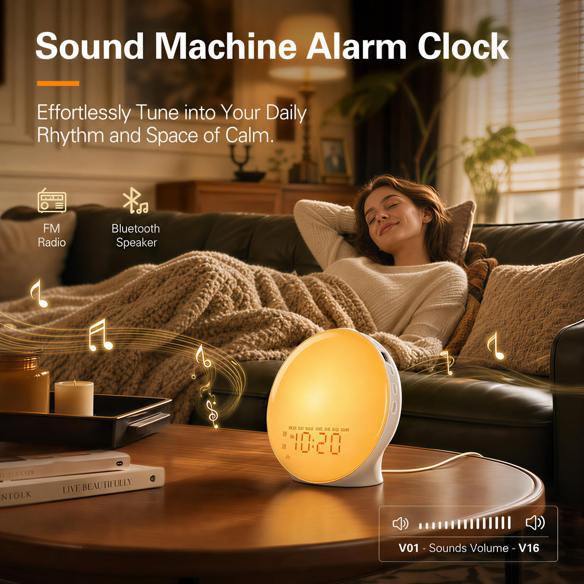 JALL Sunrise Alarm Clock for Bedrooms, Full-Screen Wake Up Light for Heavy Sleepers, White Noise Sound Machine, 25 Nature Sounds, 17 Light Modes, FM