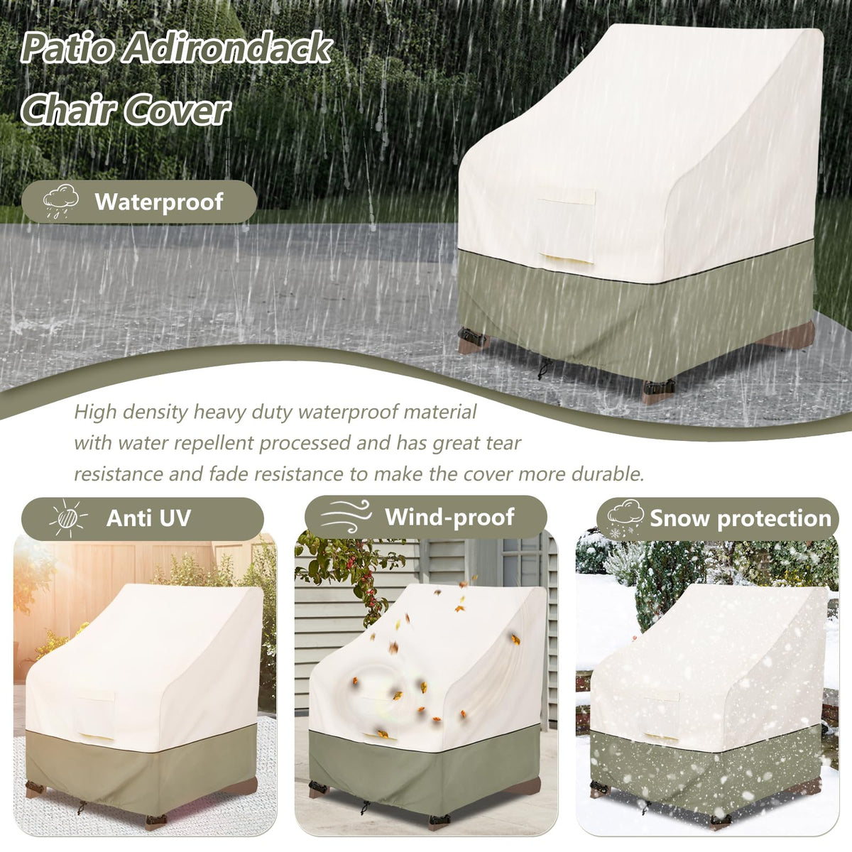 Waterproof 2 Pack Patio Adirondack Chair Cover for Outdoor Chair Size Up to 32W x 35D x 36H inch,Outdoor Lawn Patio Furniture Covers (Beige)