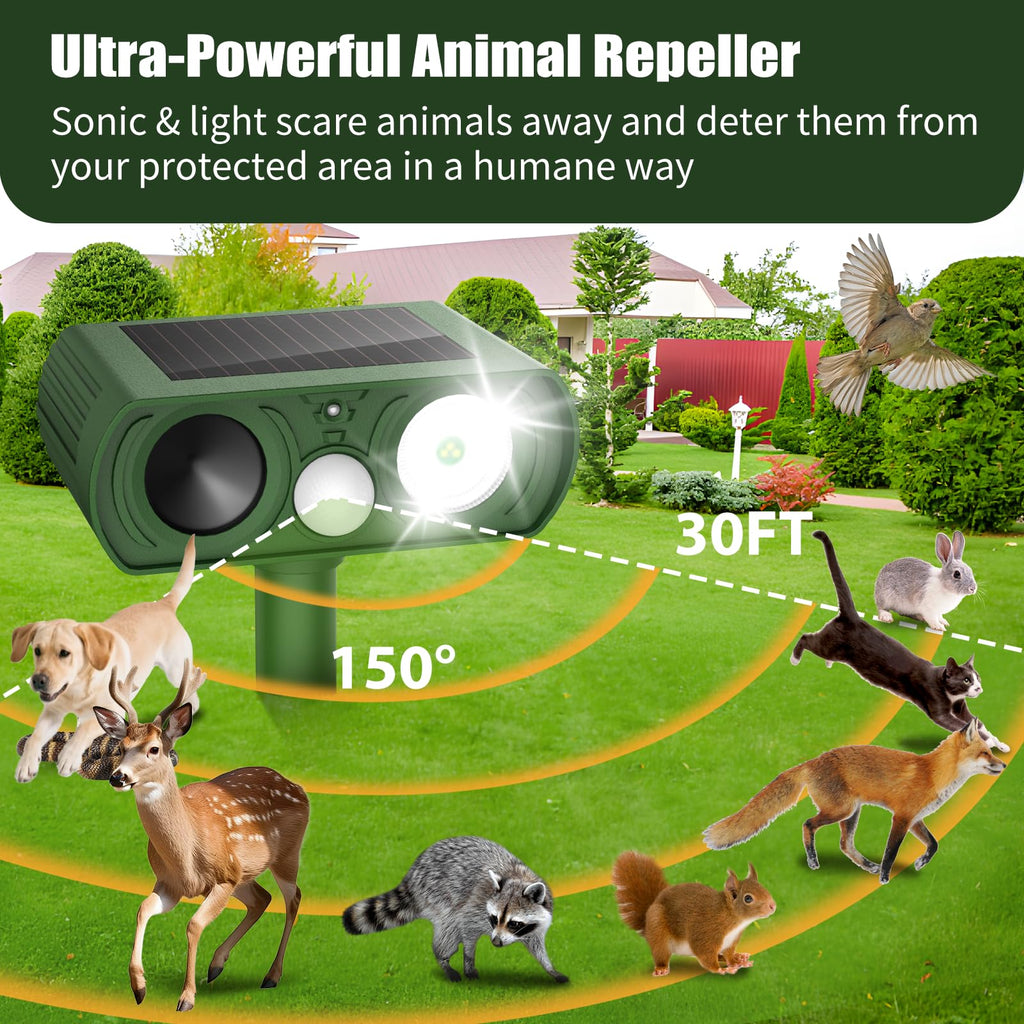 Solar Ultrasonic Animal Repellent, Deer Repellent Devices Waterproof, Cat Repellent Outdoor with Motion Detection Squirrel Skunk Rabbit Dog Raccoon