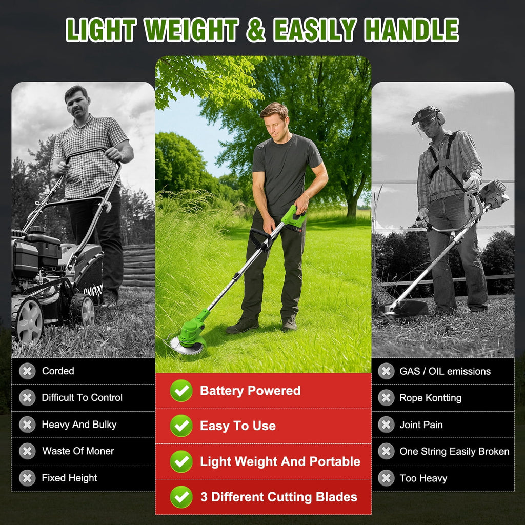 24V 650W Lawn Mover Electric Grass Trimmer Cordless W/2 Batteries, Battery Weed-Eater, Electric Weed Wacker, Lawn Mower Cordless Pruning Cutter Weed