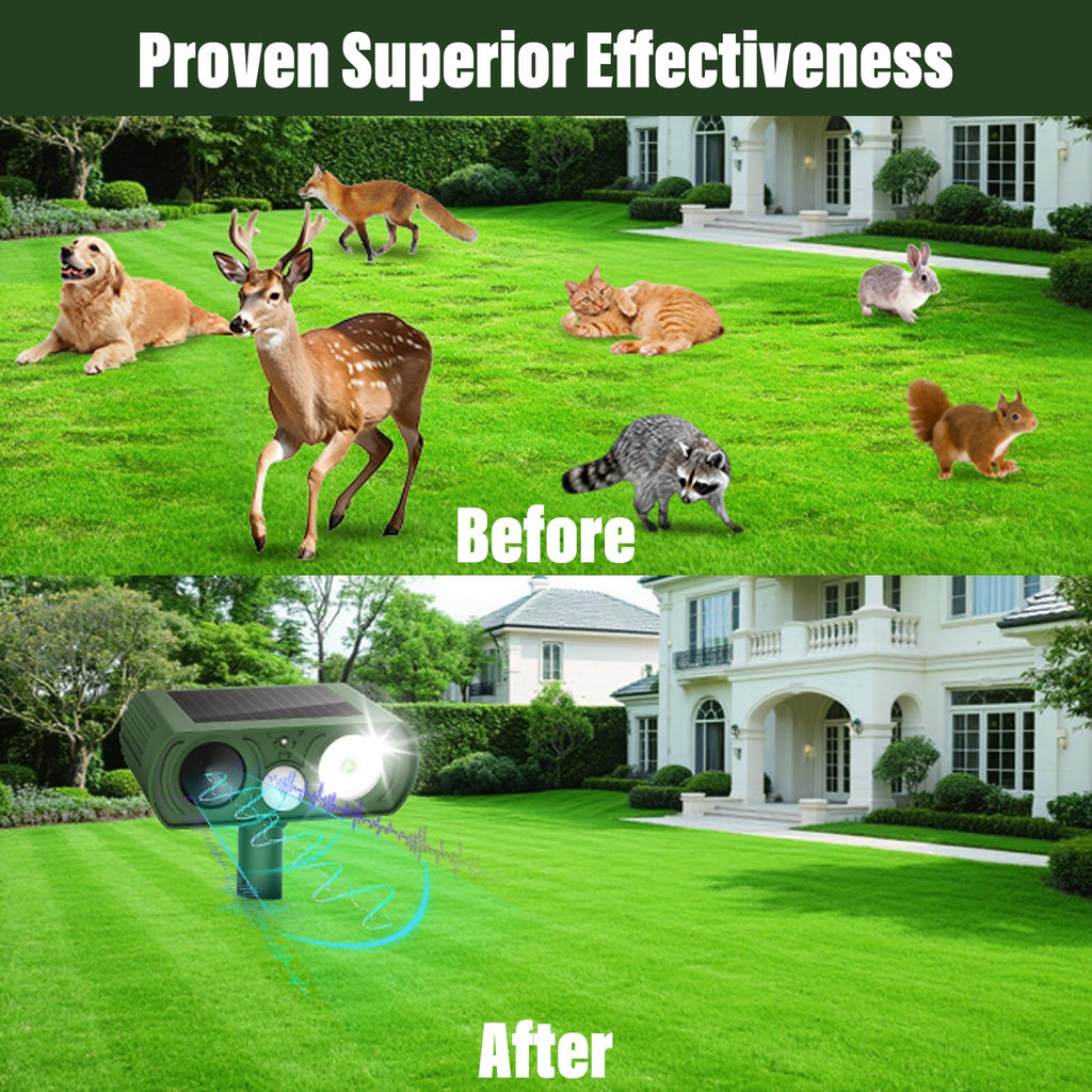 Solar Ultrasonic Animal Repellent, Deer Repellent Devices Waterproof, Cat Repellent Outdoor with Motion Detection Squirrel Skunk Rabbit Dog Raccoon