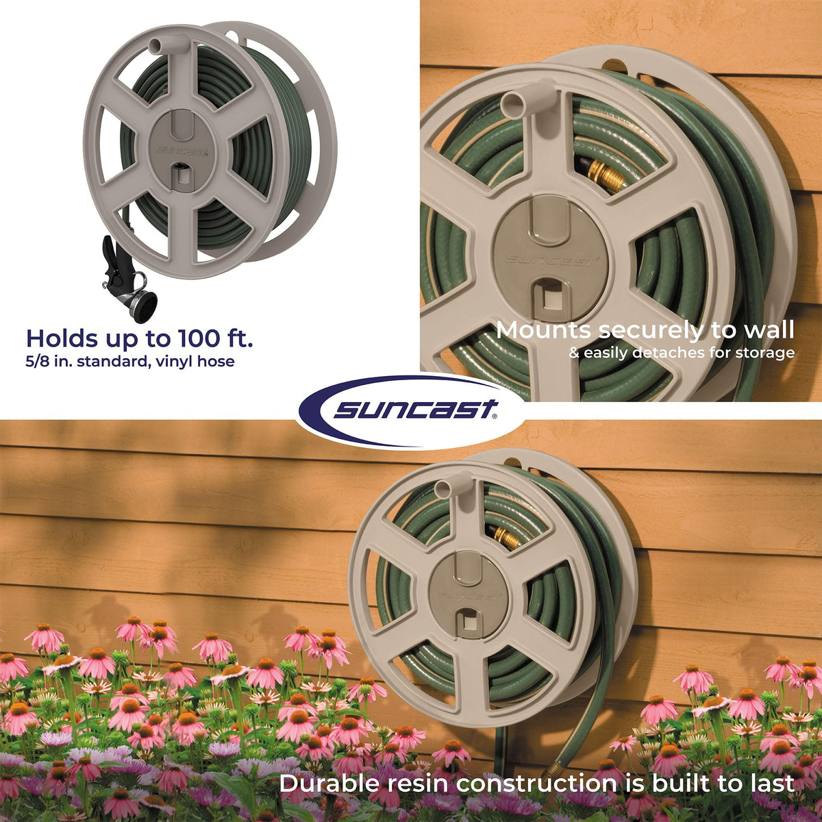 Suncast Sidewinder Wall Mount Garden Hose Reel, 100 Feet Capacity for 5/8 Inch Standard Vinyl Hosepipe, Light Taupe – Resin Water Line Holder for