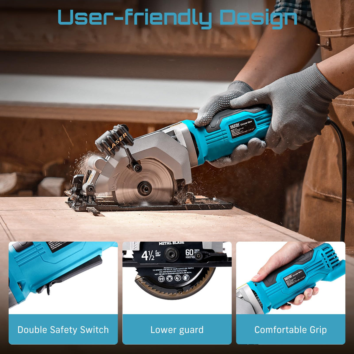 SEESII Mini Circular Saw, 4.8A 4000RPM Corded Compact 4-1/2" Saw with Laser