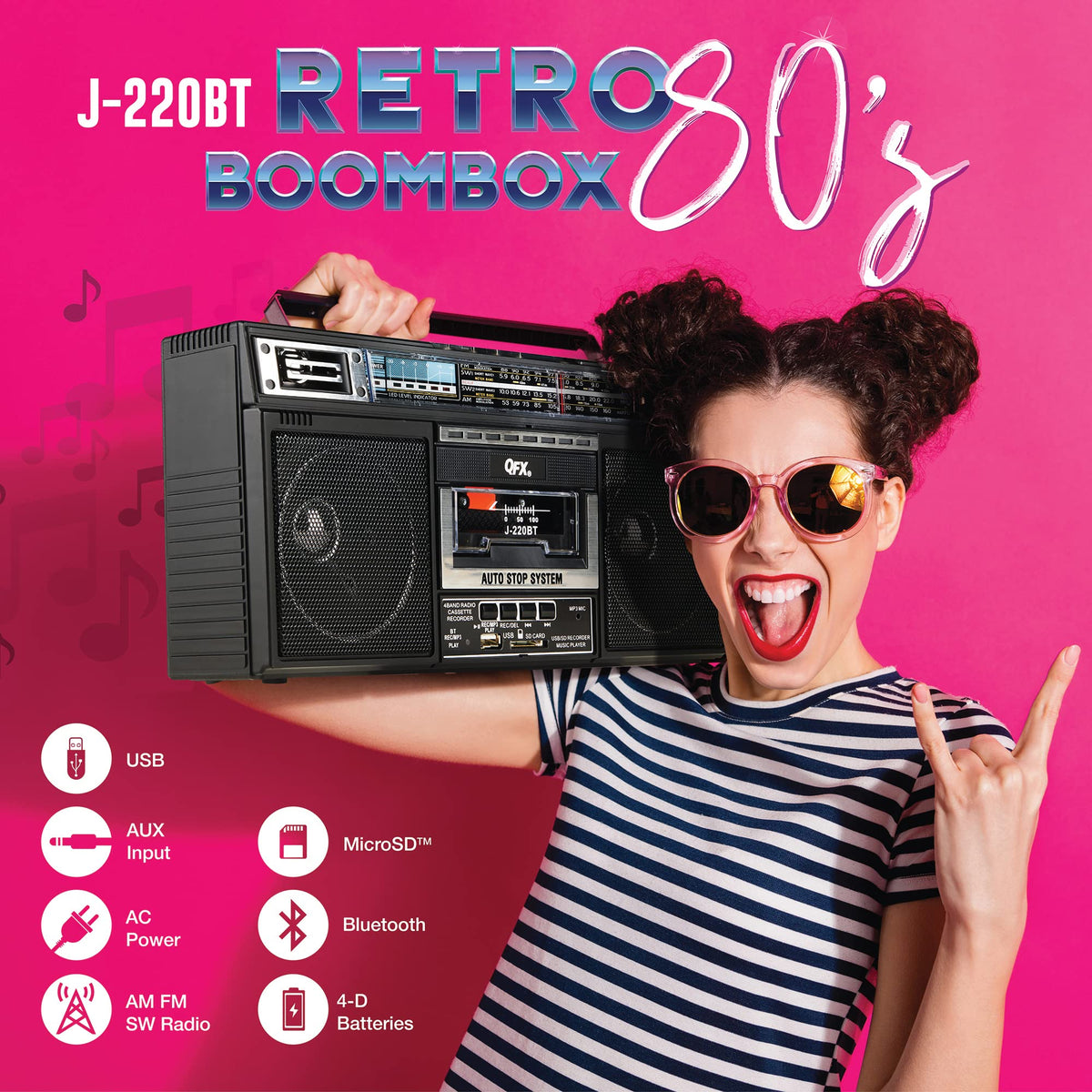 QFX Retro Bluetooth Boombox Cassette Tape Player Recorder, J-220BT, Black