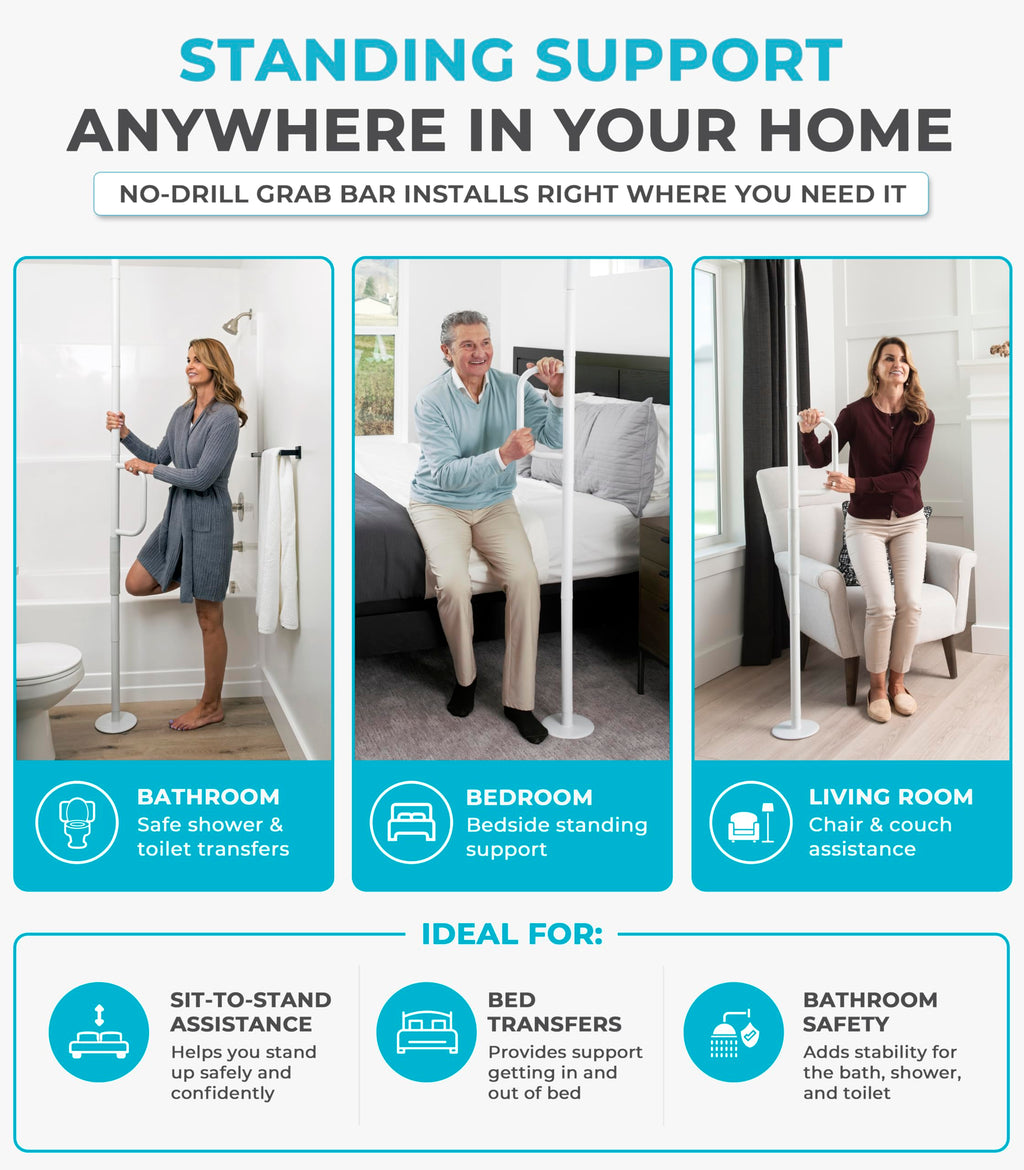 Stander Single Handle Non-Rotating Floor to Ceiling Grab Bar, No-Drill Tension Mounted Transfer Pole for Seniors, Bath Safety & Bedside Assist Rail