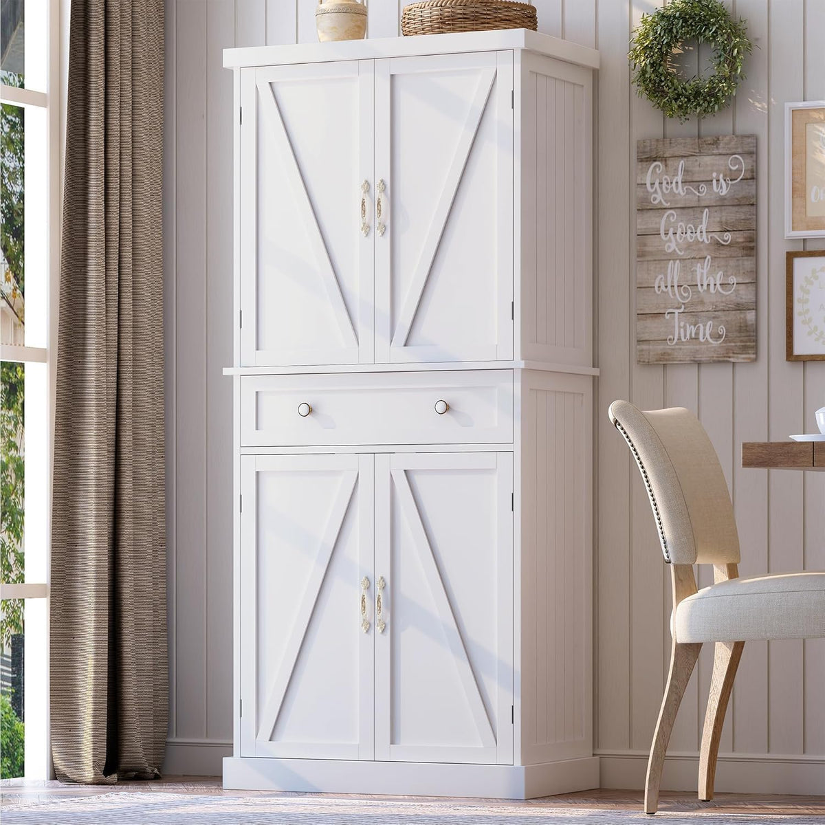kepptory Pantry Storage Cabinet With Doors, 26 inch W x 16 inch D x 47 inch H, White - vsbcxzbsd