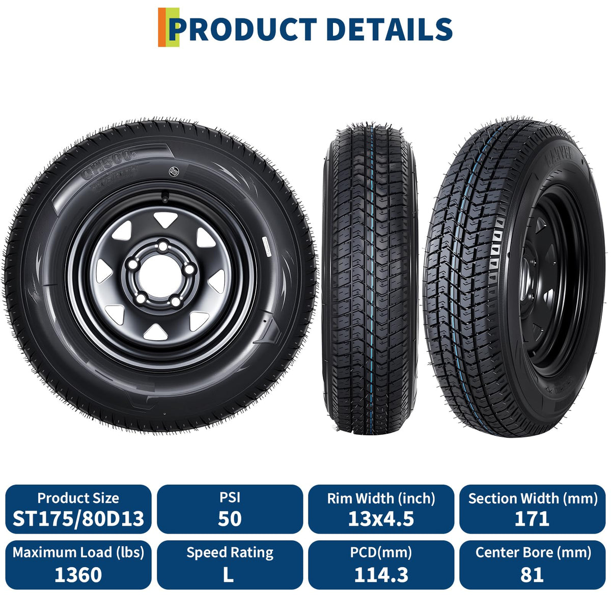 Garvee 2-Pack ST175/80D13 Trailer Tires with Black 13" Spoke Wheel
