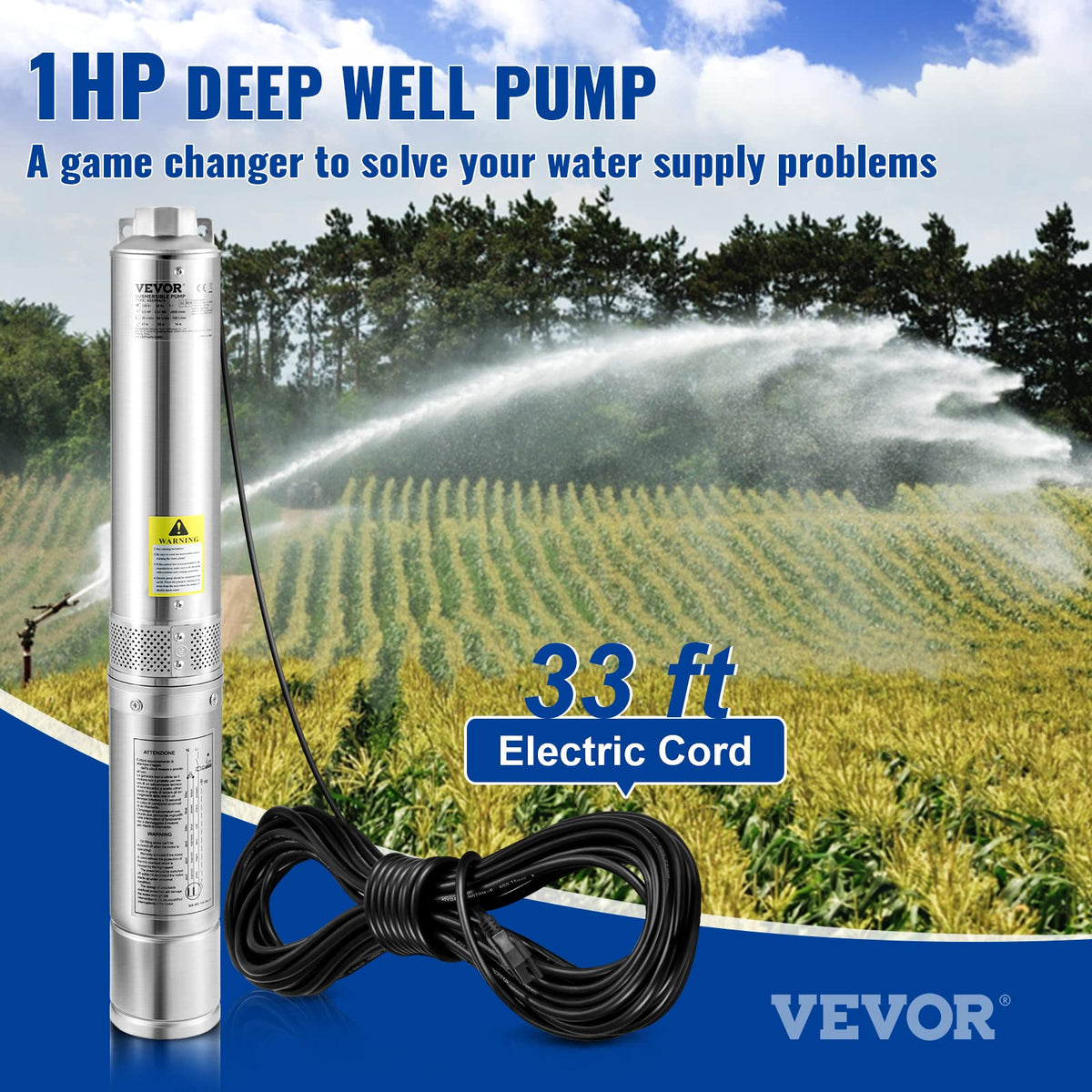 VEVOR Deep Well Submersible Pump 1 HP 115V/60Hz 37 GPM Flow 207 ft Head
