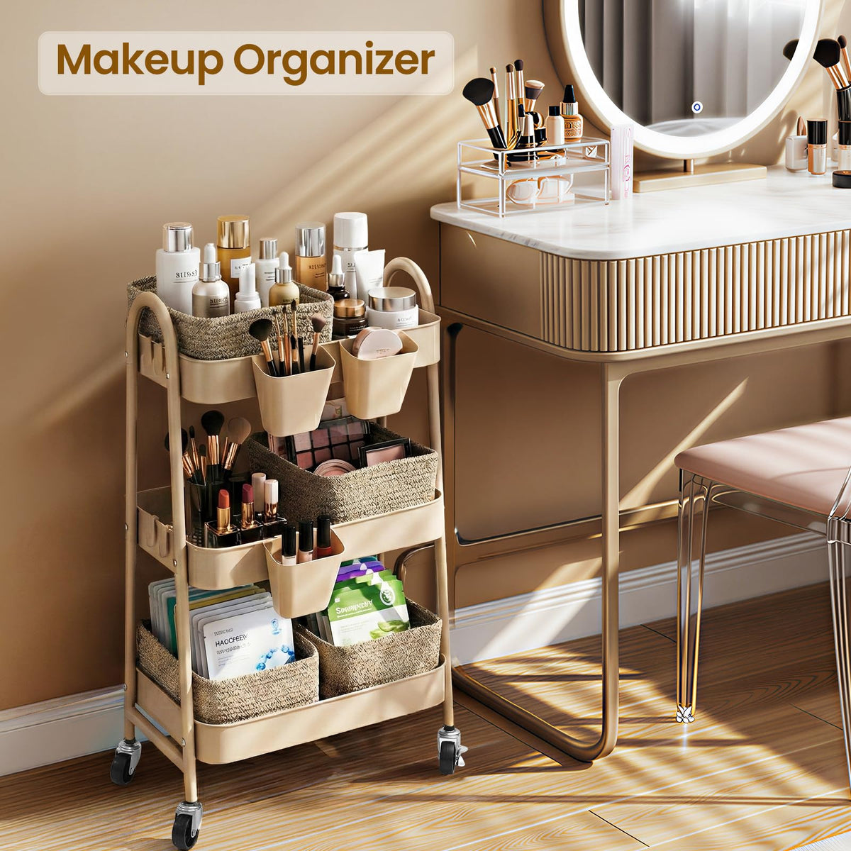 3-Tier Rolling Utility Cart with 4 Woven Baskets, Diaper Book Snack Cart, Storage Organizer for Nursery, Kitchen, Craft Room, Home SPA, Living Room