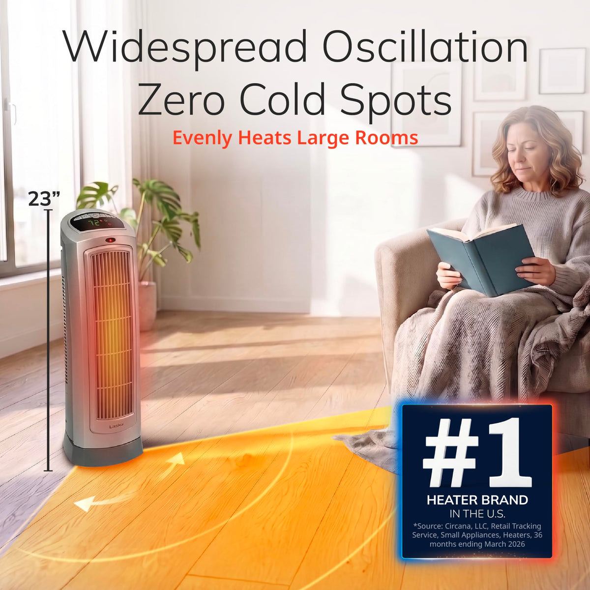Lasko Oscillating Digital Ceramic Tower Heater for Home with Adjustable Thermostat, Timer and Remote Control, 23 Inches, 1500W, Silver, 755320
