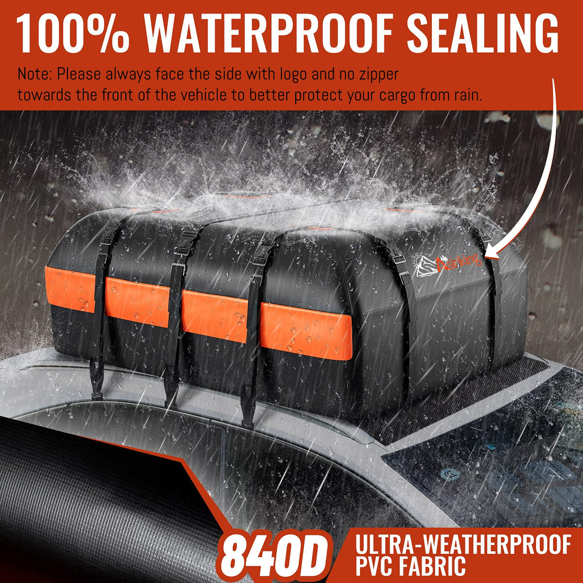 Car Rooftop Cargo Carrier Bag, 21 Cubic Feet 100% Waterproof Heavy Duty 840D Car Roof Bag for All Vehicle with/Without Racks - Anti-Slip Mat, 6 Door