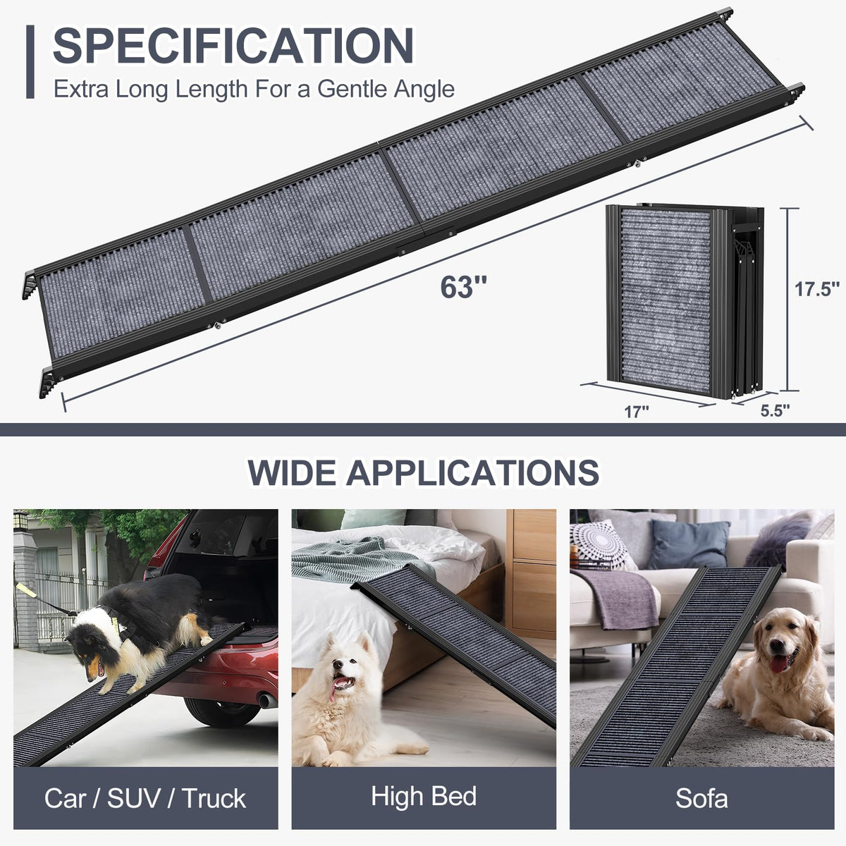 Dog Ramp for Car 63" L × 17" W, Pet Ramp for Truck Foldable