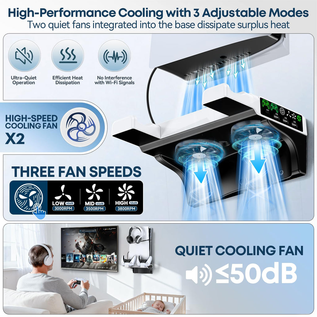 PS5/Slim/Pro Wall Mount Kit with Cooling Fan & Charging Station, PS5 Shelf Floating Mount for All PlayStation 5/Slim/Pro Disc & Digital Console, PS 5