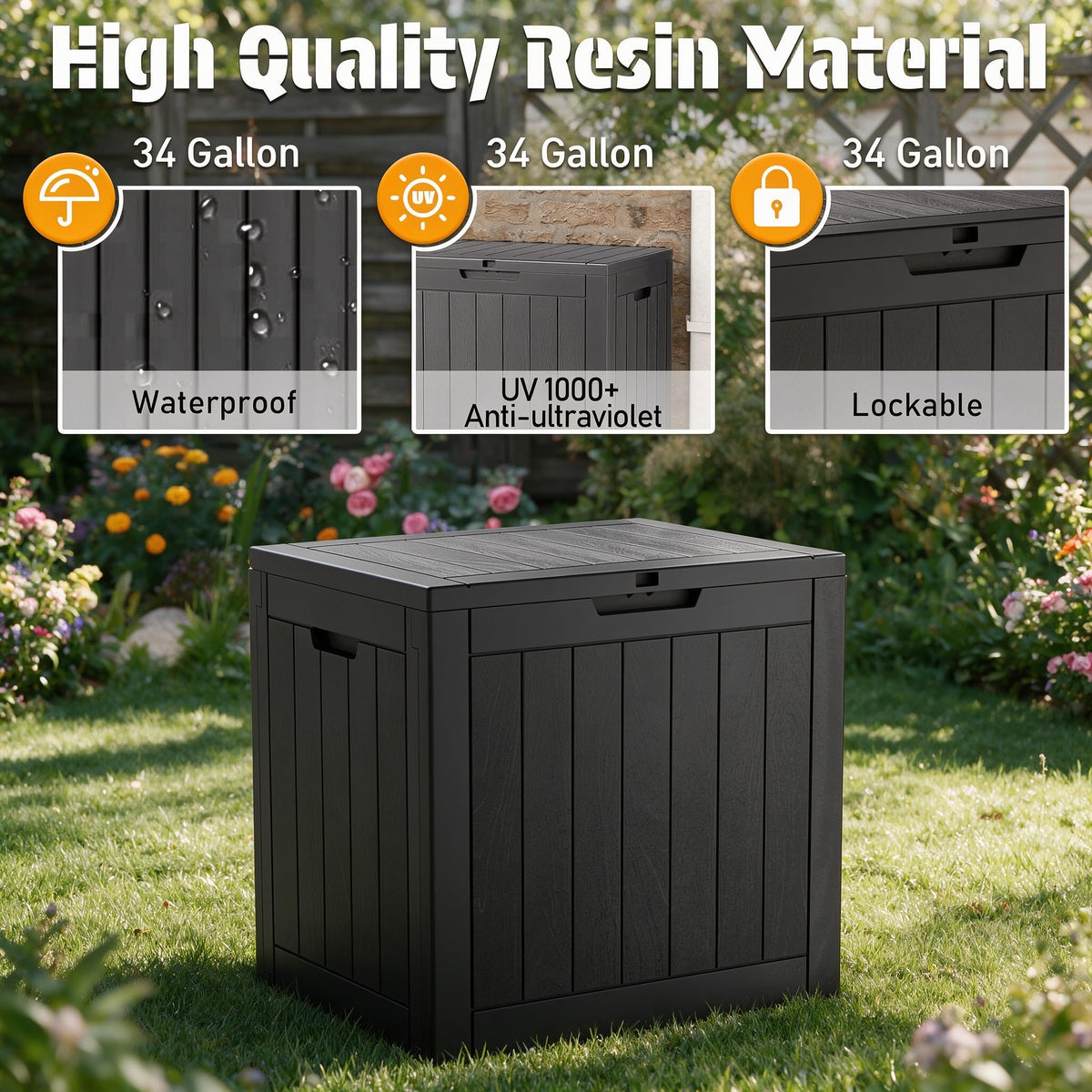 34 Gal Outdoor Storage Box Waterproof Lockable,Deck Box,Black
